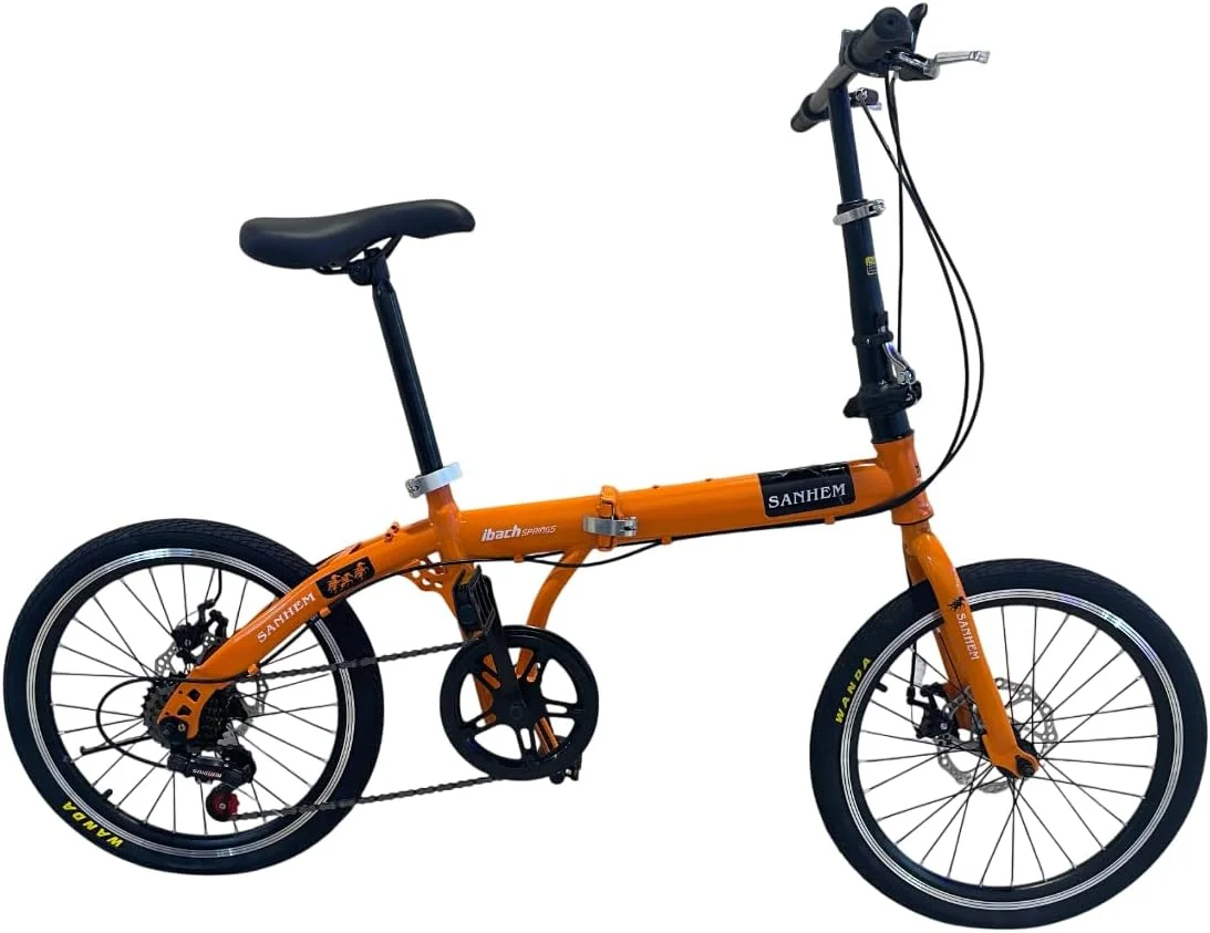 دوچرخه تاشو برای آقایان و بانوان، چرخ 20 اینچی، 6 سرعته، فرمان تاشو، ترمز دیسکی دوبل، پره ای، نارنجی