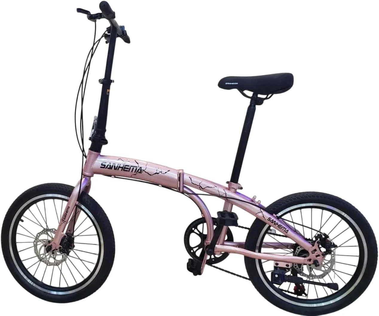 دوچرخه تاشو برای آقایان و بانوان، چرخ 20 اینچی، 6 دنده، فرمان تاشو، ترمز دیسکی دوبل، پره ای - صورتی