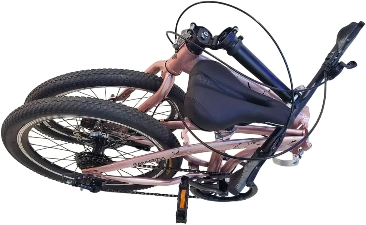 دوچرخه تاشو برای آقایان و بانوان، چرخ 20 اینچی، 6 دنده، فرمان تاشو، ترمز دیسکی دوبل، پره ای - صورتی