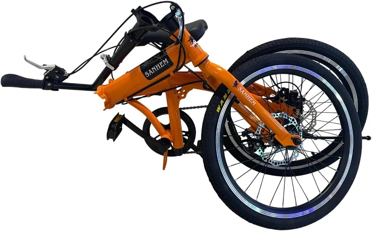 دوچرخه تاشو برای آقایان و بانوان، چرخ 20 اینچی، 6 سرعته، فرمان تاشو، ترمز دیسکی دوبل، پره ای، نارنجی