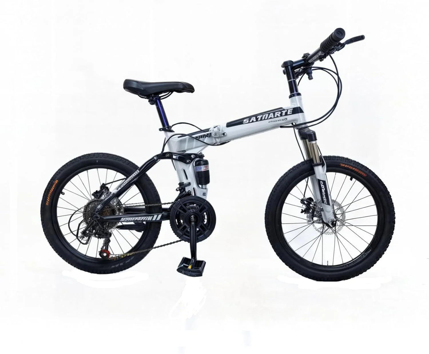 دوچرخه تاشو 20 اینچی، 21 سرعته، دارای سیستم تعلیق دوبل، چرخ پره ای، ترمز دیسکی دوبل سفید