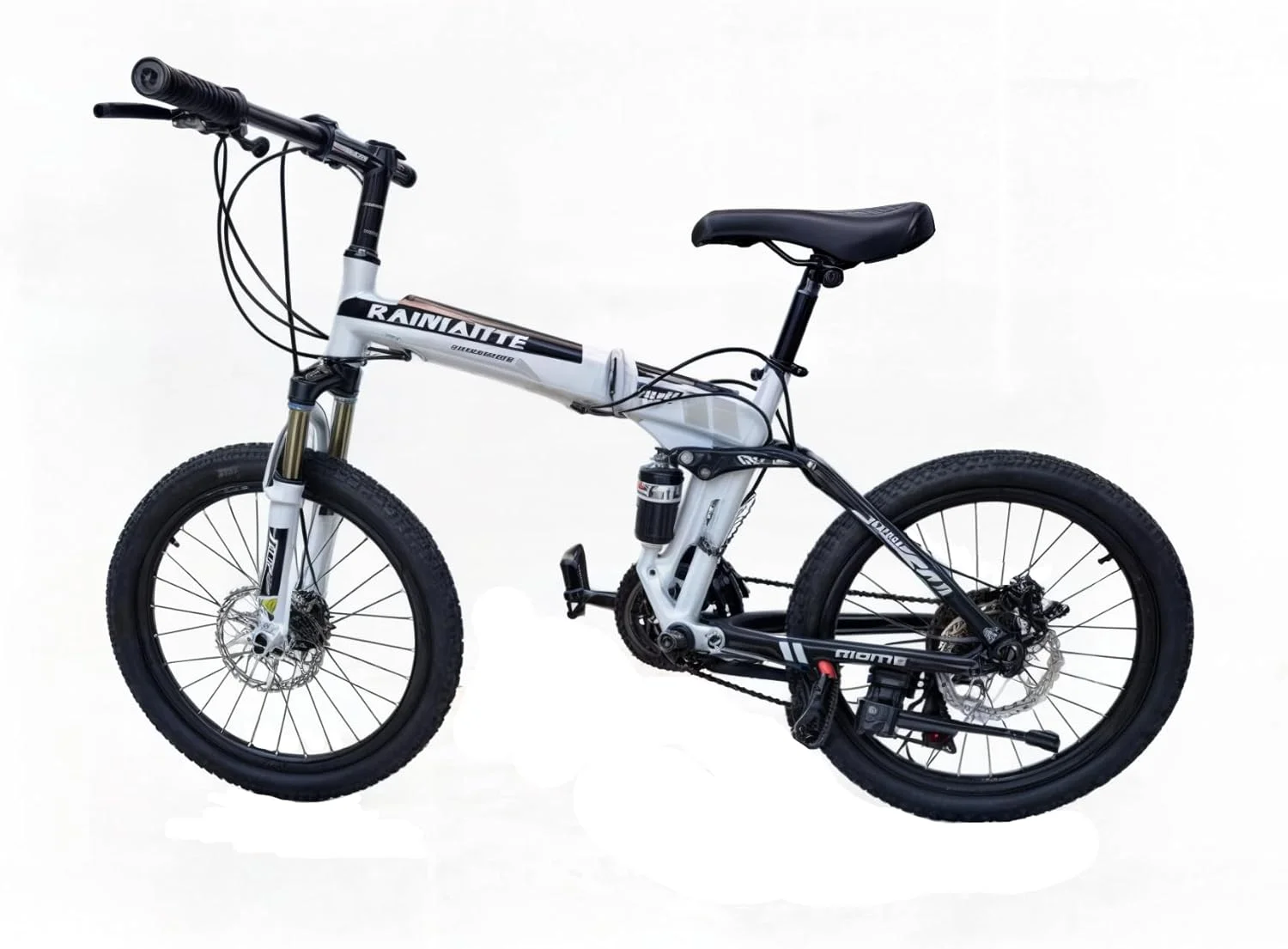 دوچرخه تاشو 20 اینچی، 21 سرعته، دارای سیستم تعلیق دوبل، چرخ پره ای، ترمز دیسکی دوبل سفید