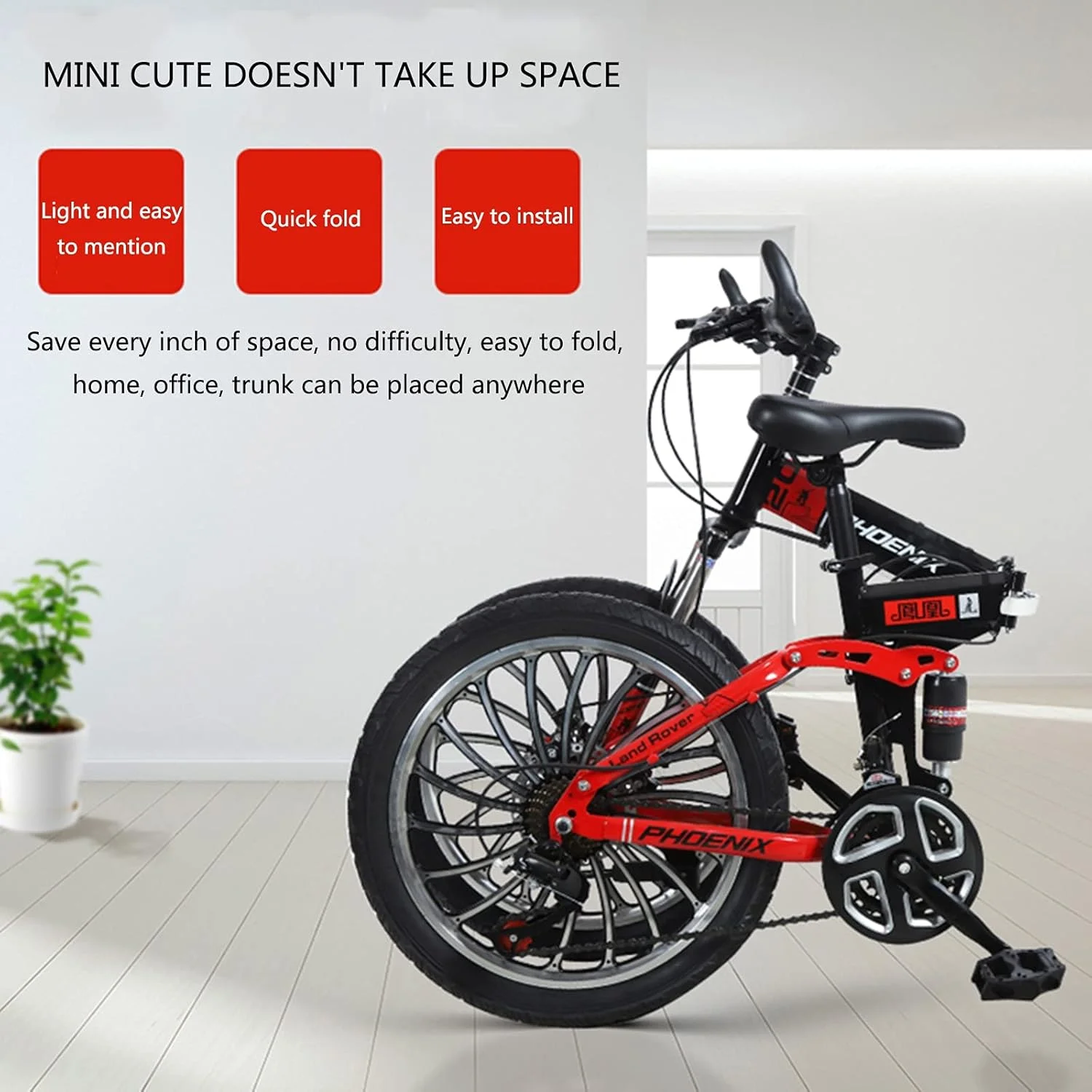 دوچرخه تاشو، دوچرخه کوهستانی 20 اینچی با سرعت متغیر مناسب دانش آموزان با سیستم کمک فنر دوبل، مناسب برای خانه، دفتر، صندوق عقب (رنگ: مشکی)