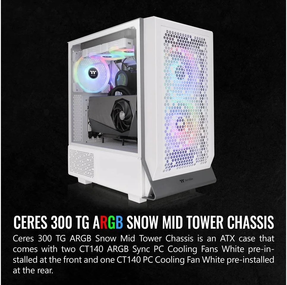 کیس مید تاور Thermaltake Ceres 300 TG ARGB، شیشه حرارت دیده 4 میلی متری x 1، 7 اسلات توسعه، پشتیبانی از رادیاتور تا 360 میلی متر، 2 عدد فن CT140 ARGB از پیش نصب شده، سفید برفی | CA-1Y2-00M6WN-00