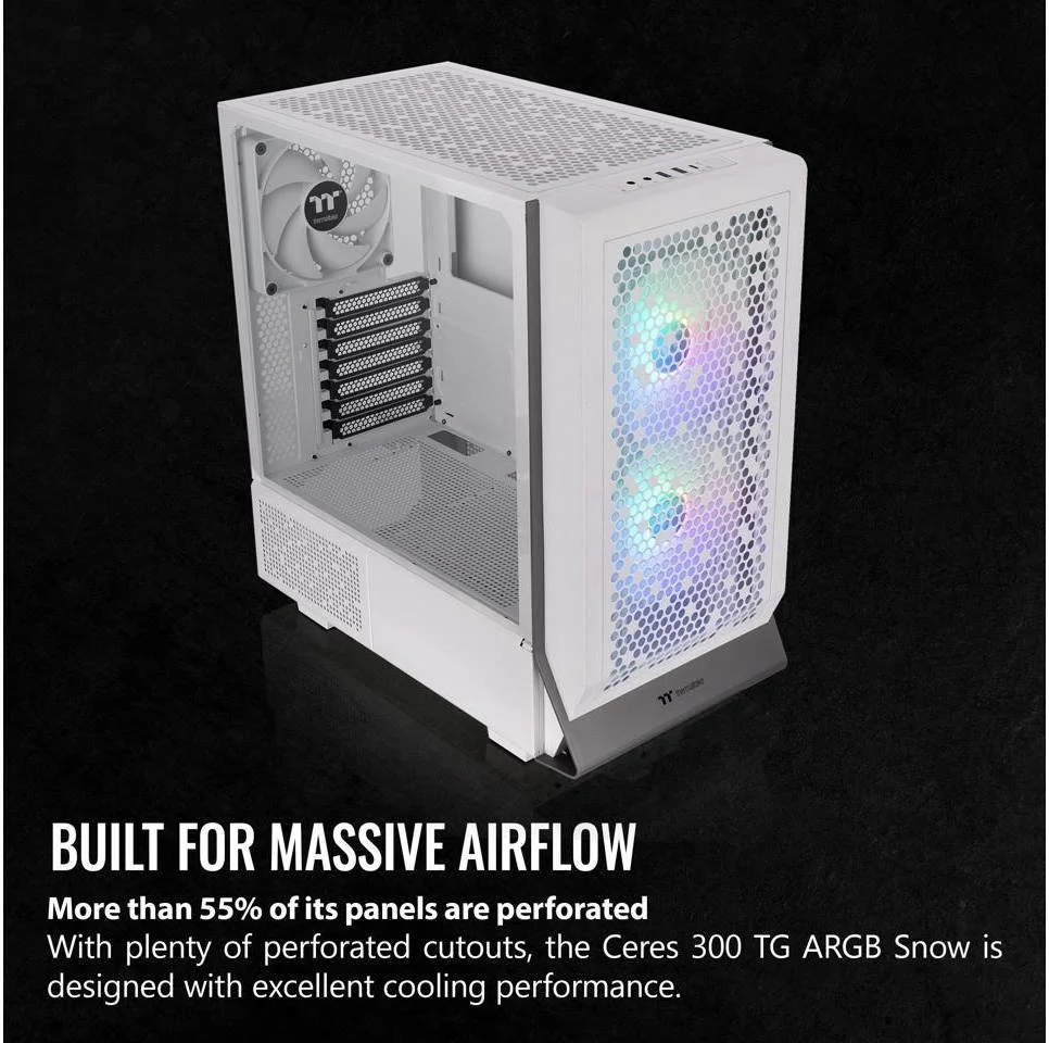 کیس مید تاور Thermaltake Ceres 300 TG ARGB، شیشه حرارت دیده 4 میلی متری x 1، 7 اسلات توسعه، پشتیبانی از رادیاتور تا 360 میلی متر، 2 عدد فن CT140 ARGB از پیش نصب شده، سفید برفی | CA-1Y2-00M6WN-00
