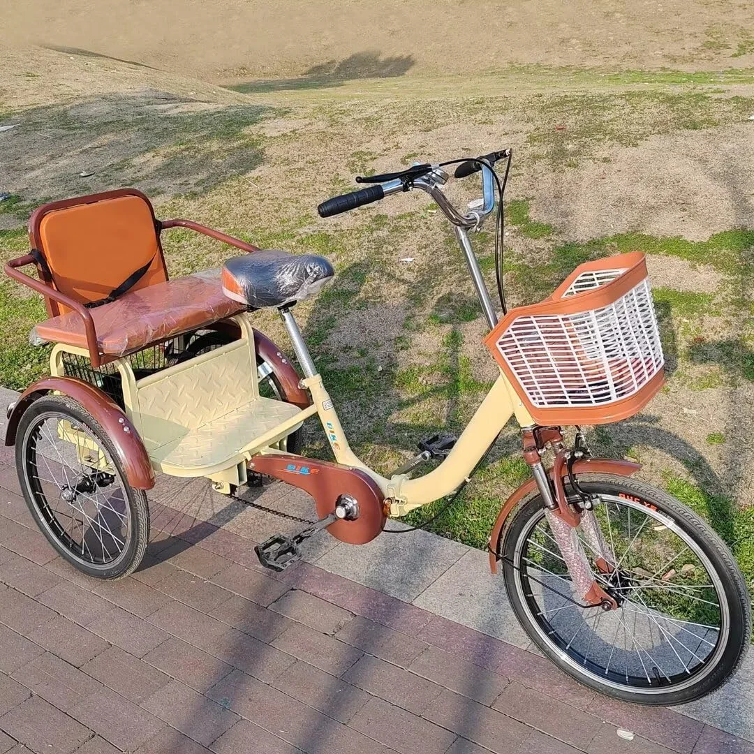 سه چرخه تاشو با صندلی پشتی، سه چرخه پدالی ریکشا سالمندان، سه چرخه با دوشاخ جلو کمک فنردار، دوچرخه 3 چرخ برای تفریح و مسافرت