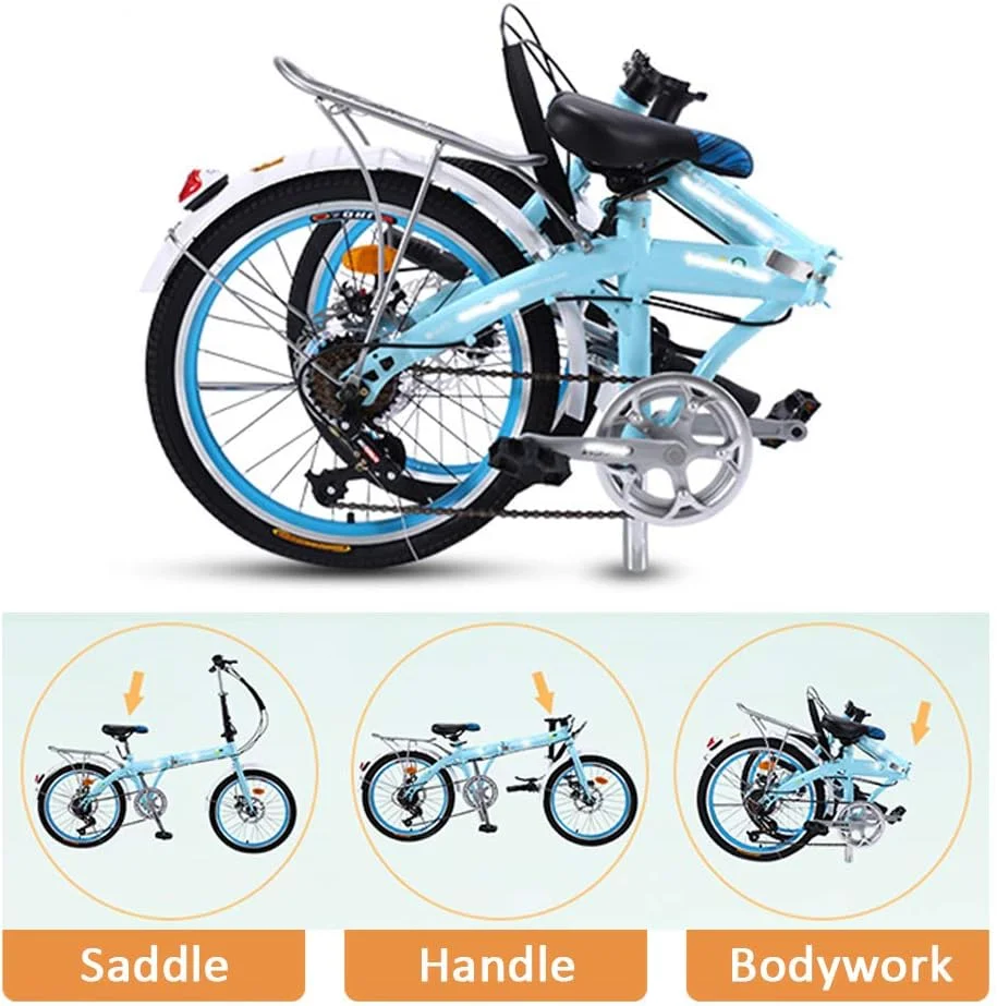 دوچرخه تاشو، 20 اینچ 7 سرعته فوق سبک قابل حمل، دسته و صندلی قابل تنظیم، ترمز دیسکی دوبل (شامل هدیه)