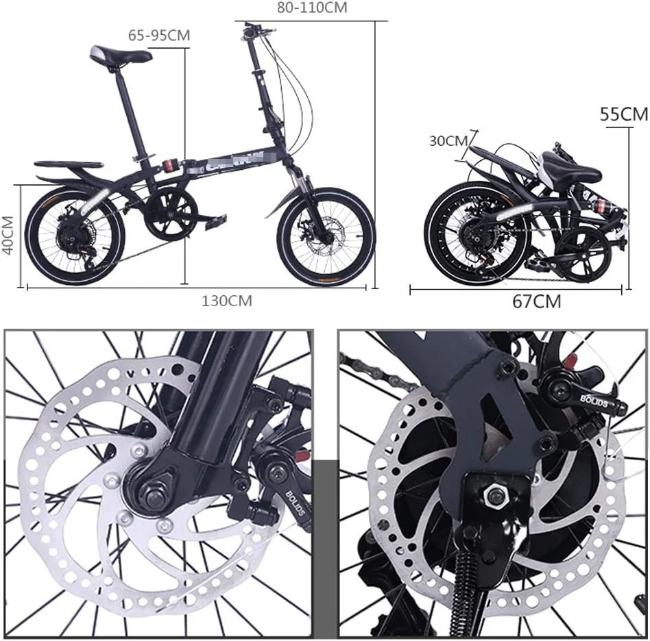 دوچرخه تاشو بزرگسال، دوچرخه قابل حمل ۱۴/۱۶ اینچی، تنظیم سرعت ۶ سرعته، ترمزهای دیسکی دوبل، صندلی قابل تنظیم، دوچرخه رفت و آمد تاشو سریع با قابلیت جذب شوک