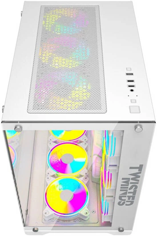 کیس کامپیوتر گیمینگ مید تاور ATX توئیستد مایندز مدل Bullet-07 با شیشه حرارت دیده، دارای ۴ فن ۱۲۰ میلی‌متری ARGB از پیش نصب شده، پشتیبانی از AIO تا ۳۶۰ میلی‌متری، پشتیبانی از ۲ عدد هارد دیسک ۳.۵ اینچی + ۲ عدد اس اس دی ۲.۵ اینچی، USB 3.0 + USB-C، سفید | TM1-B-S-W