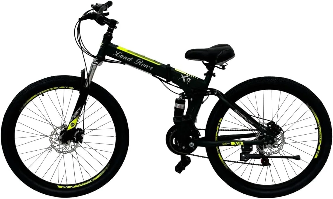 دوچرخه کوهستانی تاشو VLRA لندرور، رنگ سبز خاکی، چرخ‌های 26 اینچی، ترمزهای دیسکی، دنده‌های چند سرعته، فریم دارای سیستم تعلیق