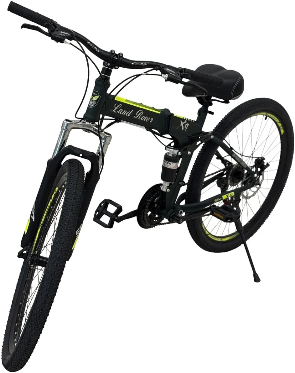 دوچرخه کوهستانی تاشو VLRA لندرور، رنگ سبز خاکی، چرخ‌های 26 اینچی، ترمزهای دیسکی، دنده‌های چند سرعته، فریم دارای سیستم تعلیق