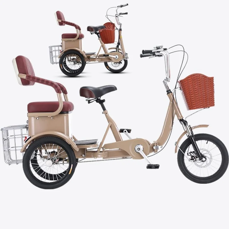 سه چرخه بزرگسالان، دوچرخه های 3 چرخ 16 اینچی برای بزرگسالان، سه چرخه/دوچرخه بزرگسالان با صندلی عقب و سبدهای جلو و عقب، دوچرخه پدالی، سه چرخه کروز، برای خرید تفریحی و پیک نیک