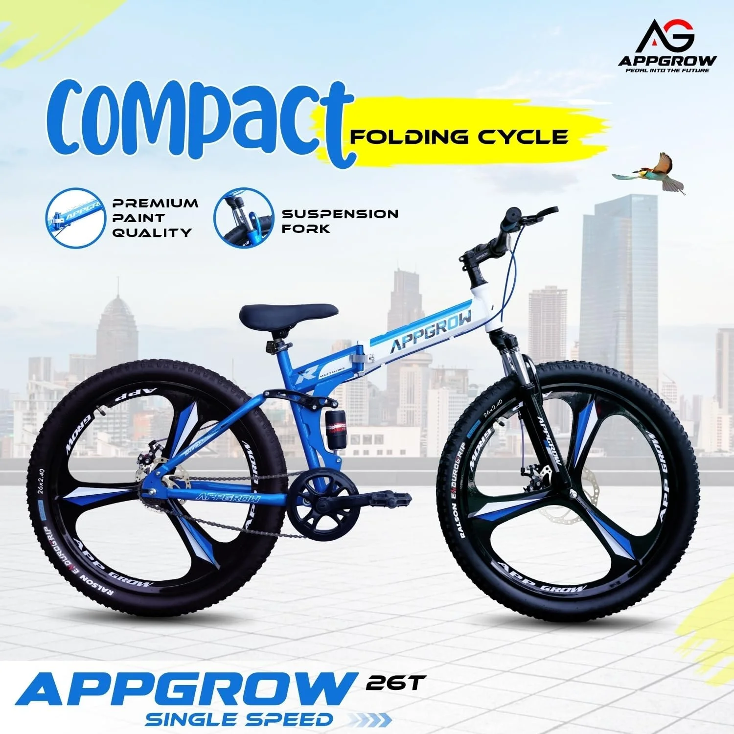 دوچرخه تاشو تک سرعته 26T | دارای سیستم تعلیق جلو و ترمز دیسکی | چرخ های مگ سبک وزن | گروه سنی: 10+ سال | (فریم: 18 اینچ) (چند رنگ)