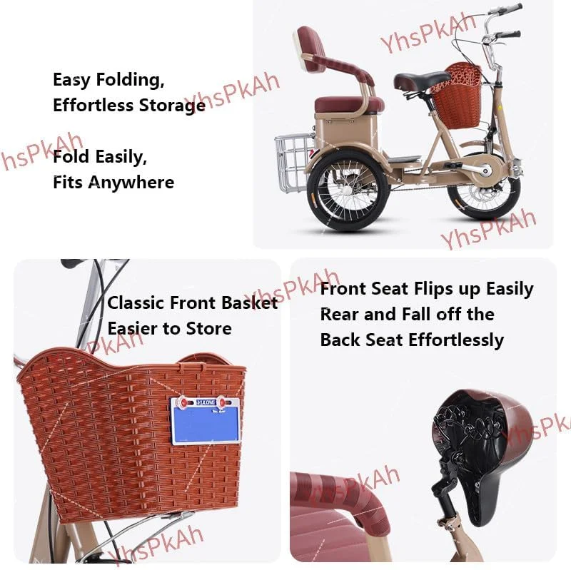 سه چرخه بزرگسالان، دوچرخه های 3 چرخ 16 اینچی برای بزرگسالان، سه چرخه/دوچرخه بزرگسالان با صندلی عقب و سبدهای جلو و عقب، دوچرخه پدالی، سه چرخه کروز، برای خرید تفریحی و پیک نیک