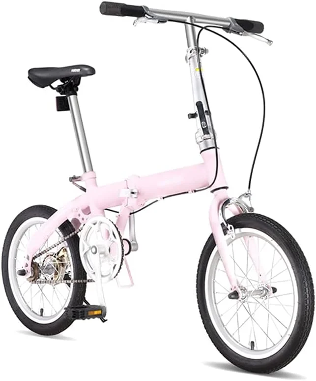 دوچرخه تاشو تک سرعته با زین راحت، دوچرخه تاشو 16 اینچی با فریم فولادی کم ارتفاع، مناسب برای رفت و آمد شهری - صورتی