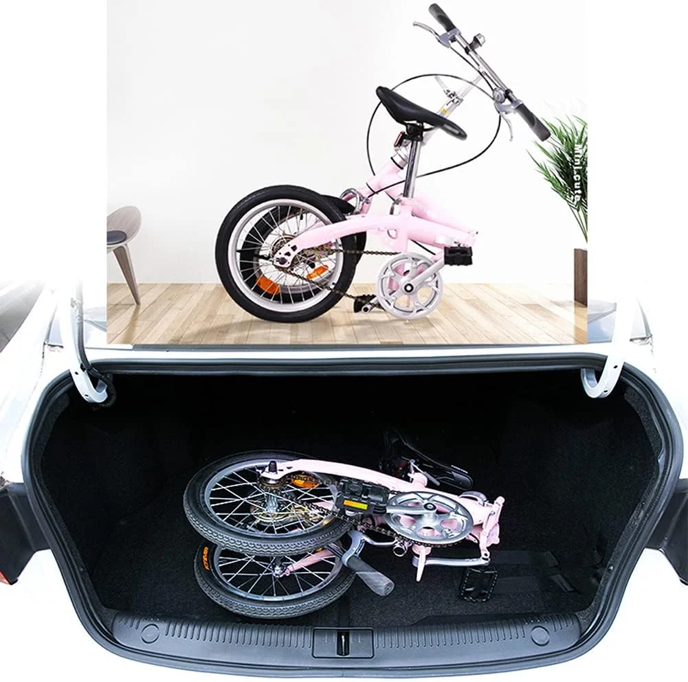 دوچرخه تاشو تک سرعته با زین راحت، دوچرخه تاشو 16 اینچی با فریم فولادی کم ارتفاع، مناسب برای رفت و آمد شهری - صورتی