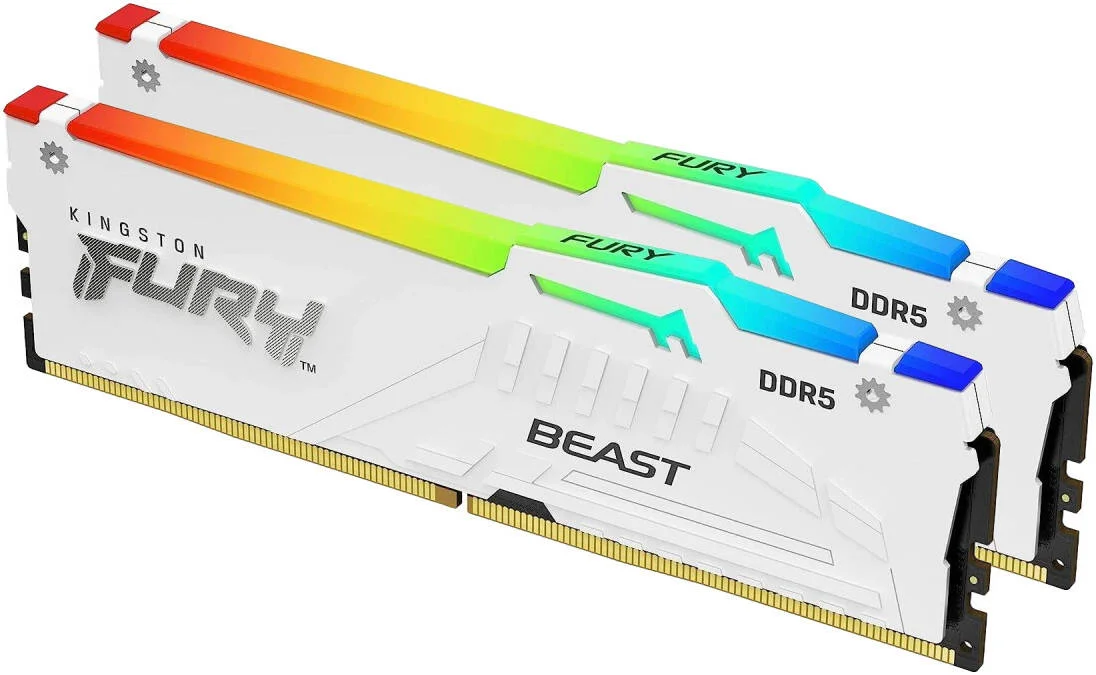 حافظه رم دسکتاپ کینگستون Fury Beast RGB با ظرفیت 32 گیگابایت (2 عدد 16 گیگابایتی) DDR5، سرعت 5200MT/s، CL40 DIMM، Intel XMP 3.0، فناوری همگام سازی مادون قرمز، پایداری اورکلاک، کیت 2 عددی، سفید | KF552C40BWAK2-32