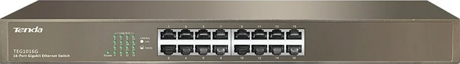 سوئیچ 16 پورت گیگابیتی اترنت Tenda TEG1016G، 1000M، قابل نصب در رک، ظرفیت 32 گیگابیت بر ثانیه، ورودی 100-240 ولت، توان مصرفی <12 وات، Plug & Play | TEG1016Gv8.0