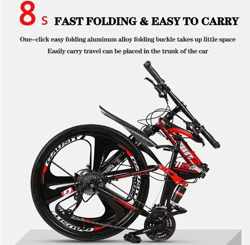 دوچرخه کوهستانی تاشو آبی رنگ با ترمز دیسکی دوبل، 21 دنده، فریم آلومینیومی سبک و سیستم تعلیق کامل