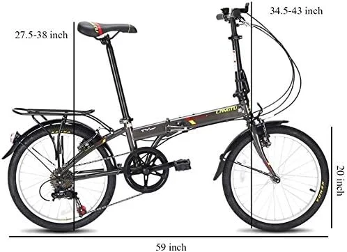 دوچرخه تاشو بزرگسالان 20 اینچ 7 سرعته سبک وزن قابل حمل، دوچرخه شهری تاشو فولادی کربنی با رک حمل بار عقب، رنگ مشکی: قرمز