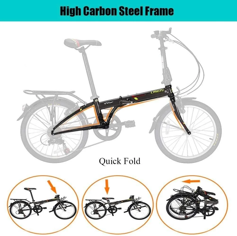 دوچرخه تاشو بزرگسالان 20 اینچ 7 سرعته سبک وزن قابل حمل، دوچرخه شهری تاشو فولادی کربنی با رک حمل بار عقب، رنگ مشکی: قرمز