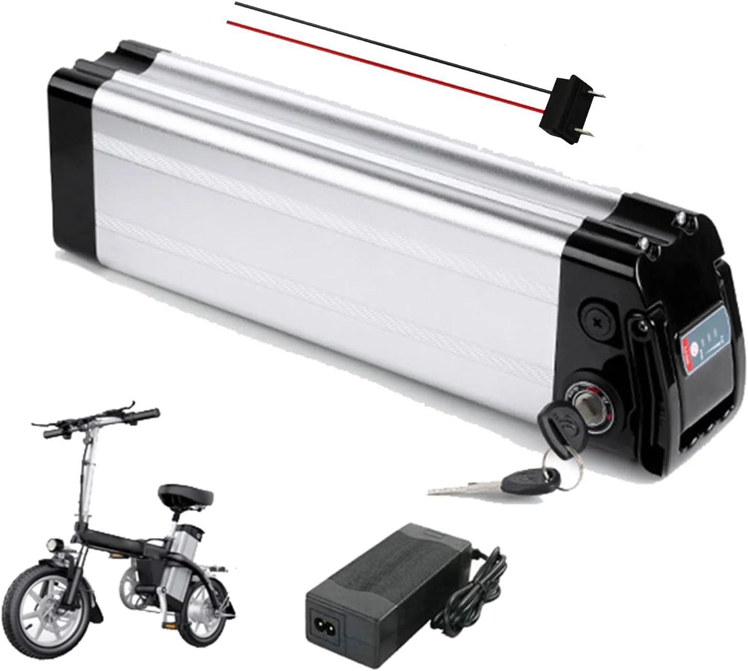 باتری لیتیوم یونی 24 ولت برای دوچرخه برقی، 24 ولت 8 آمپر ساعت، 10 آمپر ساعت، 13 آمپر ساعت، 15 آمپر ساعت، 20 آمپر ساعت، باتری تاشو برقی قابل جابجایی با شارژر برای موتورهای 250 وات / 500 وات، دوچرخه شهری، 2 پین + 24 ولت، 8 آمپر ساعت