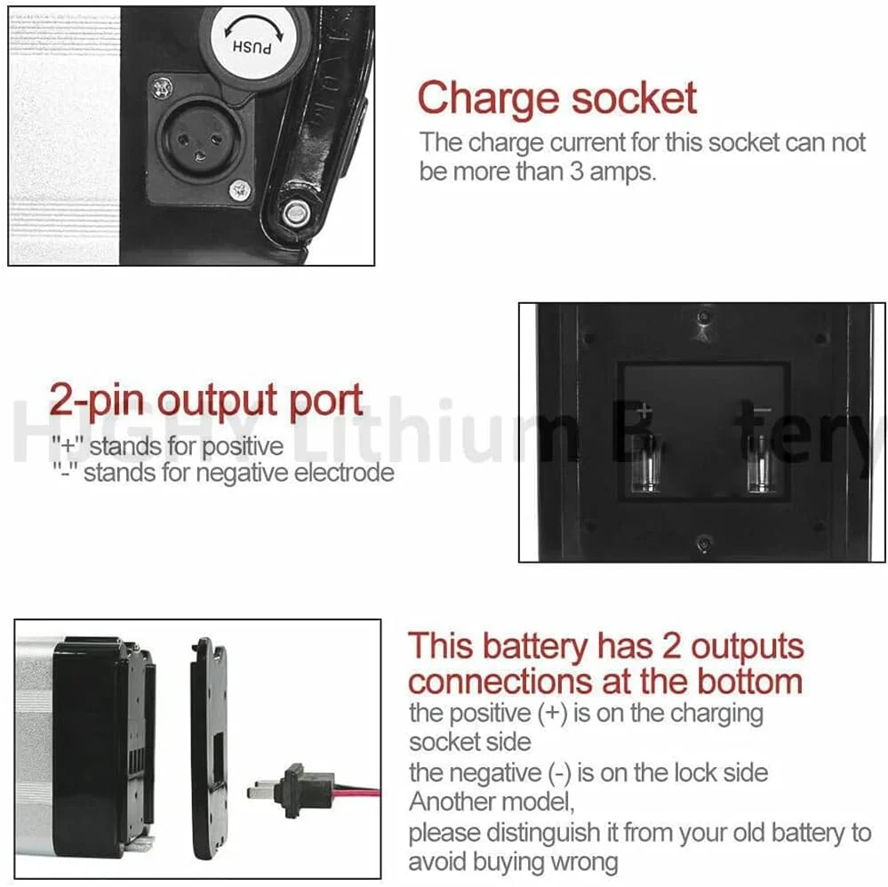 باتری لیتیوم یونی 24 ولت برای دوچرخه برقی، 24 ولت 8 آمپر ساعت، 10 آمپر ساعت، 13 آمپر ساعت، 15 آمپر ساعت، 20 آمپر ساعت، باتری تاشو برقی قابل جابجایی با شارژر برای موتورهای 250 وات / 500 وات، دوچرخه شهری، 2 پین + 24 ولت، 8 آمپر ساعت