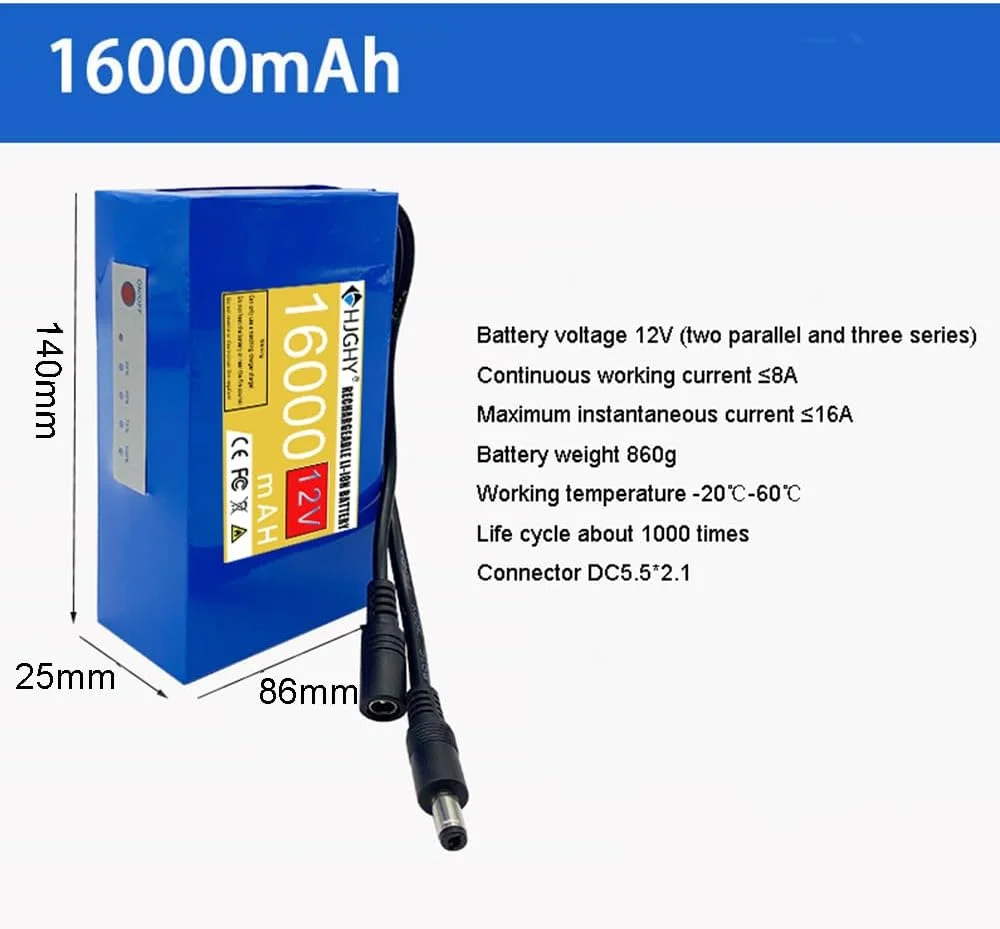 بسته باتری لیتیومی 12 ولت 12 آمپر ساعت 16 آمپر ساعت 24 آمپر ساعت، باتری لیتیوم پلیمری قابل حمل و قدرتمند 12 ولت 5000 میلی آمپر ساعت 9000 میلی آمپر ساعت DC مناسب برای تجهیزات منبع تغذیه 12 ولت با شارژر