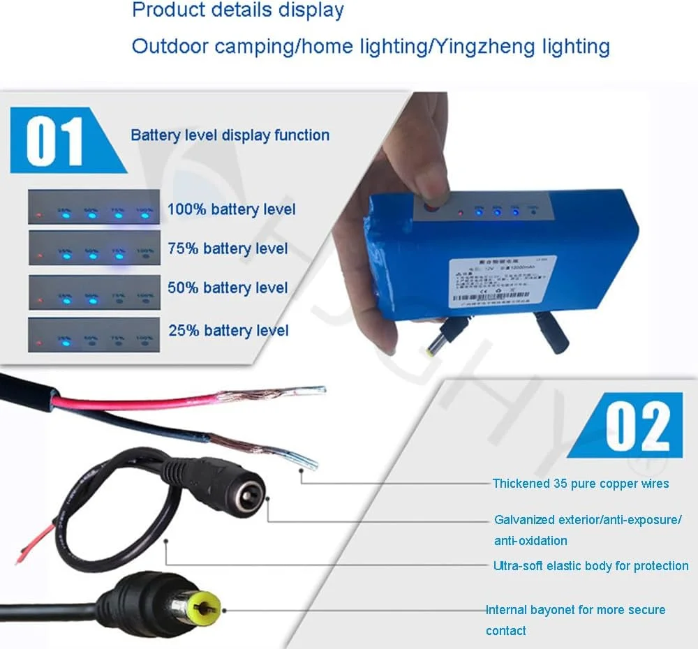 بسته باتری لیتیومی 12 ولت 12 آمپر ساعت 16 آمپر ساعت 24 آمپر ساعت، باتری لیتیوم پلیمری قابل حمل و قدرتمند 12 ولت 5000 میلی آمپر ساعت 9000 میلی آمپر ساعت DC مناسب برای تجهیزات منبع تغذیه 12 ولت با شارژر