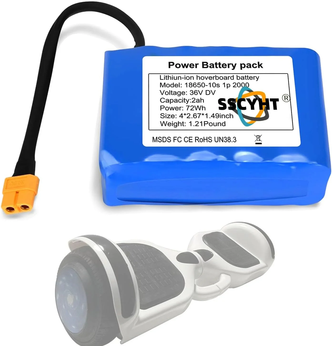 بسته باتری لیتیوم-یونی جایگزین 36 ولت 2 آمپر ساعت / 2000 میلی آمپر ساعت با دوشاخه XT60 برای اسکوتر 72 وات، خودروی تعادلی، تک چرخ موتور