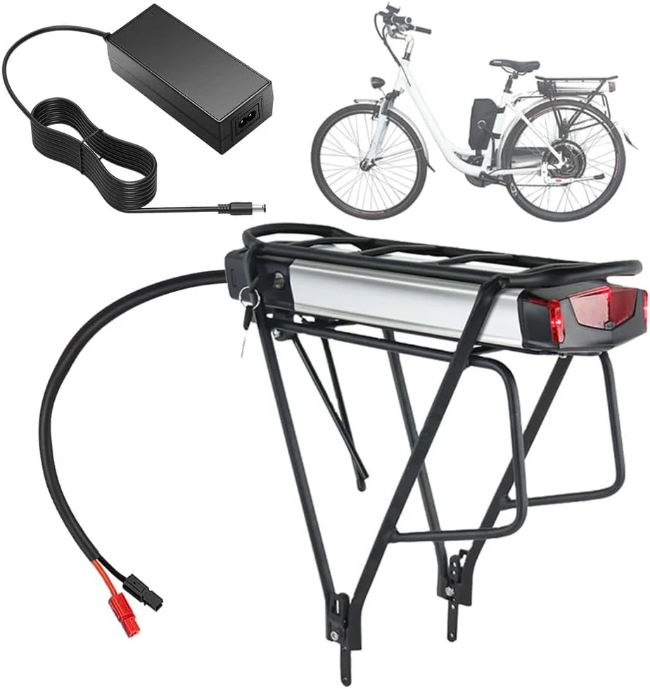 باتری لیتیومی 48 ولت 10 آمپر ساعت، 17.5 آمپر ساعت، 15 آمپر ساعت، 12 آمپر ساعت، باتری جایگزین 18 آمپر ساعت لیتیوم یون 36 ولت، باتری های قفسه عقب به همراه شارژر و براکت برای موتورهای 200 وات - 850 وات