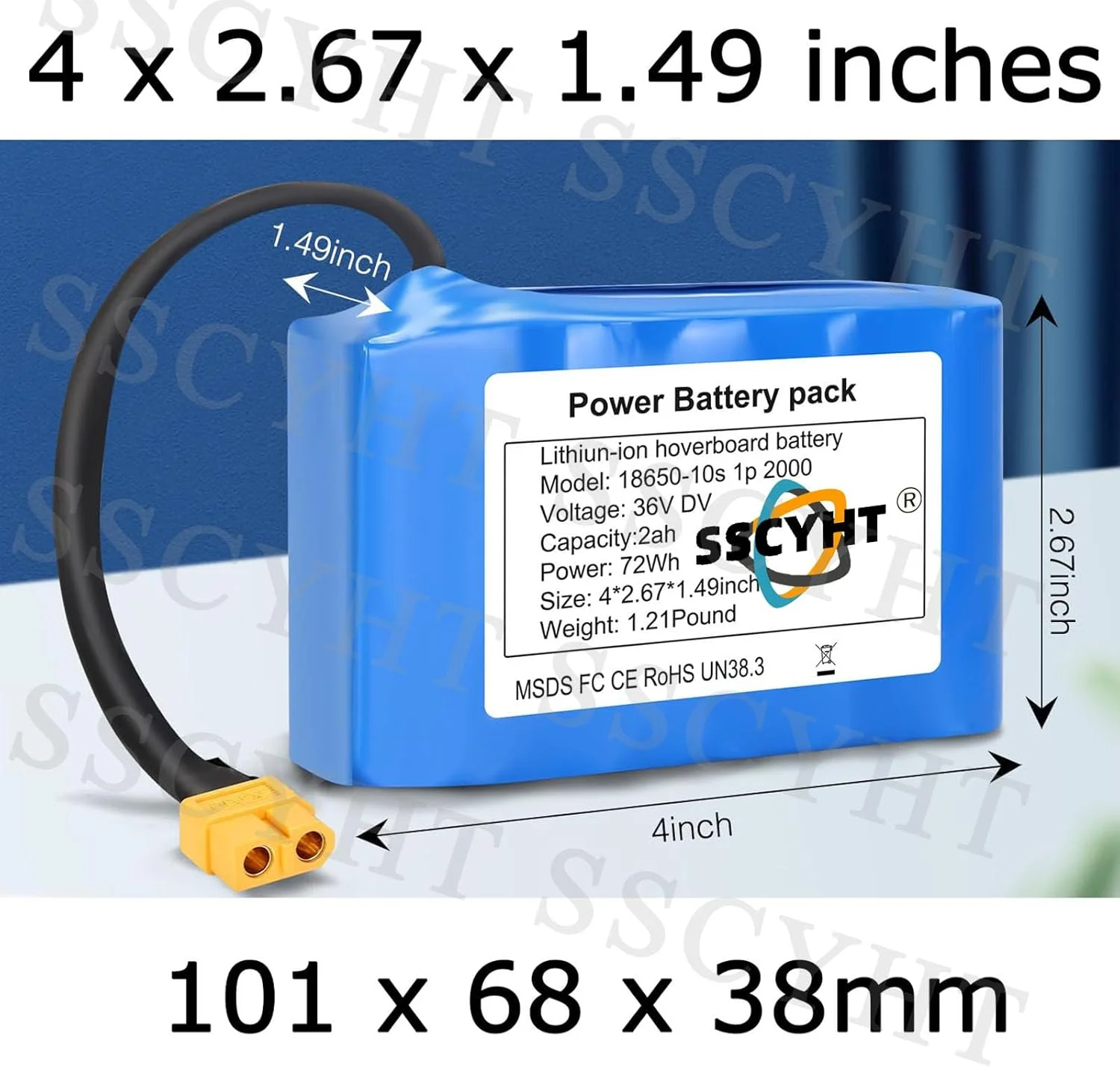 بسته باتری لیتیوم-یونی جایگزین 36 ولت 2 آمپر ساعت / 2000 میلی آمپر ساعت با دوشاخه XT60 برای اسکوتر 72 وات، خودروی تعادلی، تک چرخ موتور