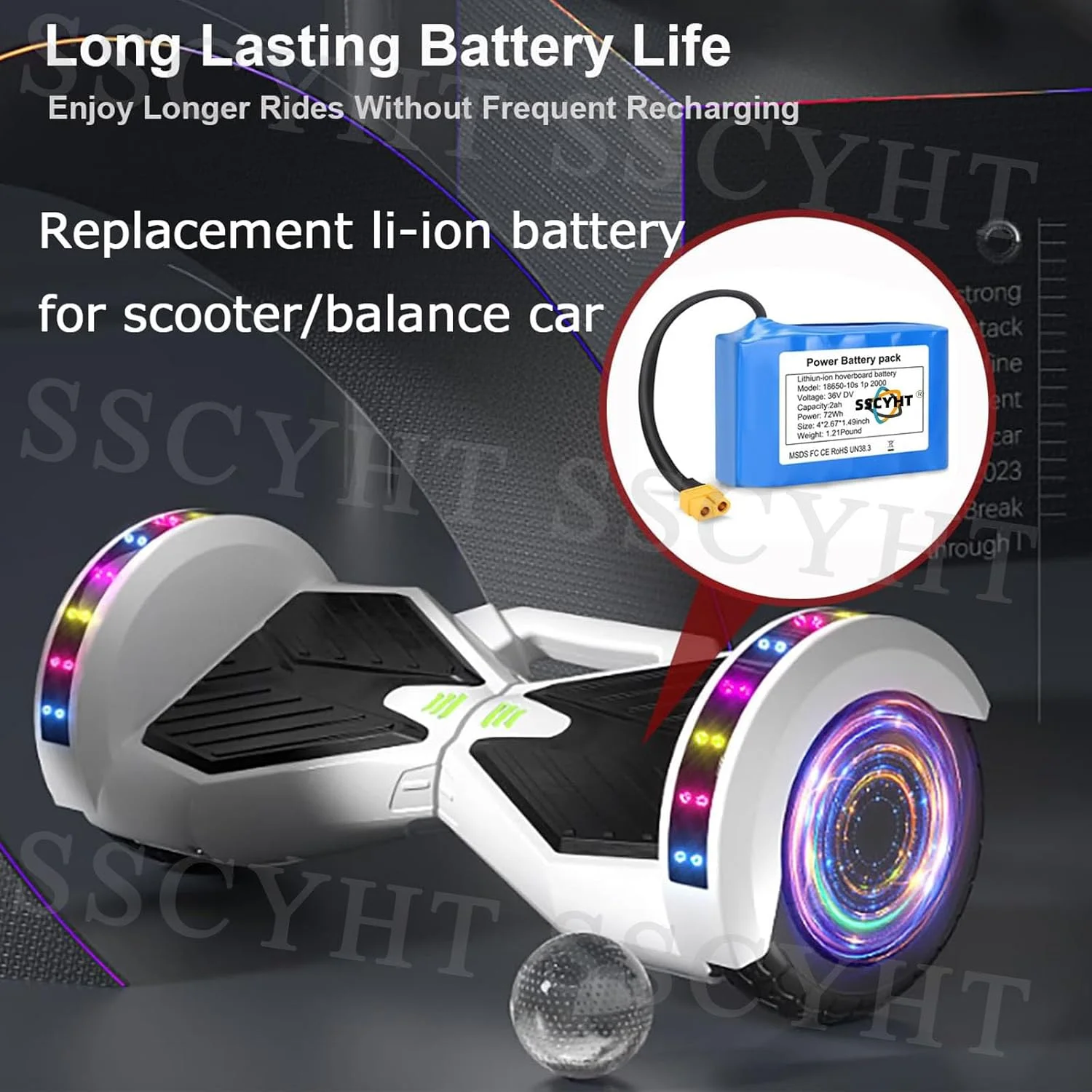 بسته باتری لیتیوم-یونی جایگزین 36 ولت 2 آمپر ساعت / 2000 میلی آمپر ساعت با دوشاخه XT60 برای اسکوتر 72 وات، خودروی تعادلی، تک چرخ موتور