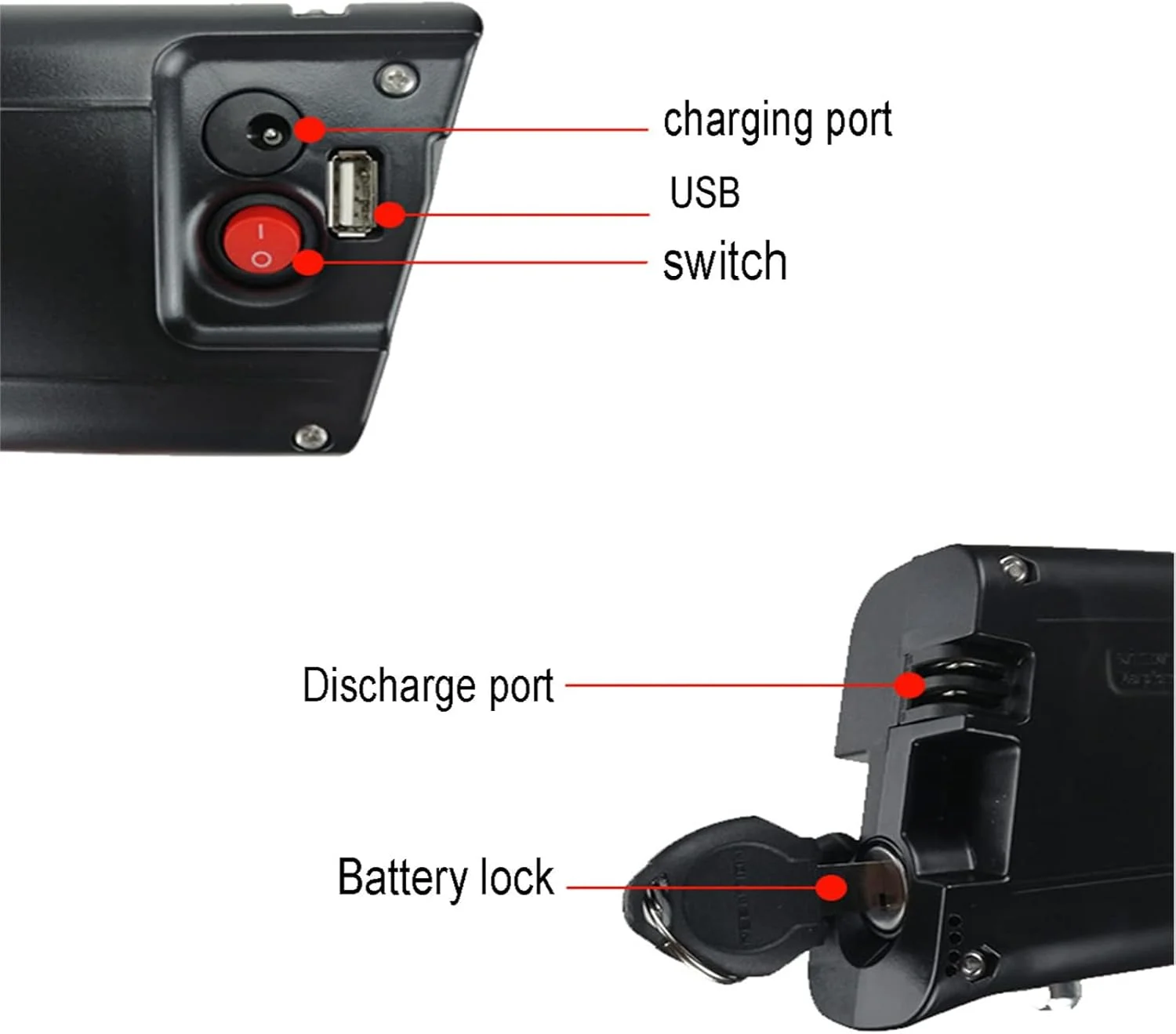 باتری لیتیوم یونی خمیده 36 ولت برای دوچرخه برقی تاشو 7.8 آمپر ساعت 9 آمپر ساعت 9.6 آمپر ساعت 10.5 آمپر ساعت با پورت USB و خروجی 2 پین برای موتور اسکوتر 100 وات 250 وات 350 وات