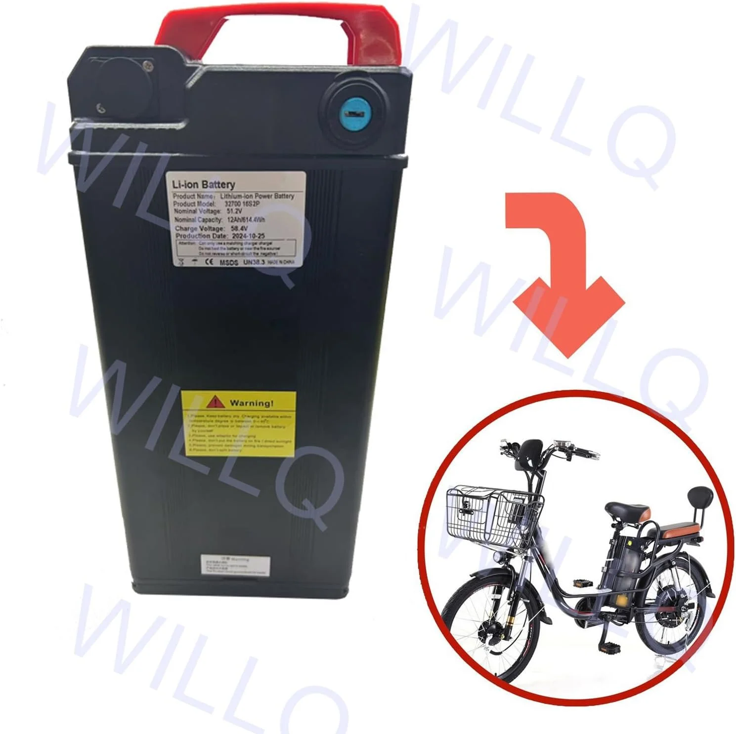 باطری لیتیوم یون 51.2 ولت 12 آمپر ساعت جایگزین باطری اسید سرب 16S2P برای کیت موتور دوچرخه برقی 48 ولت