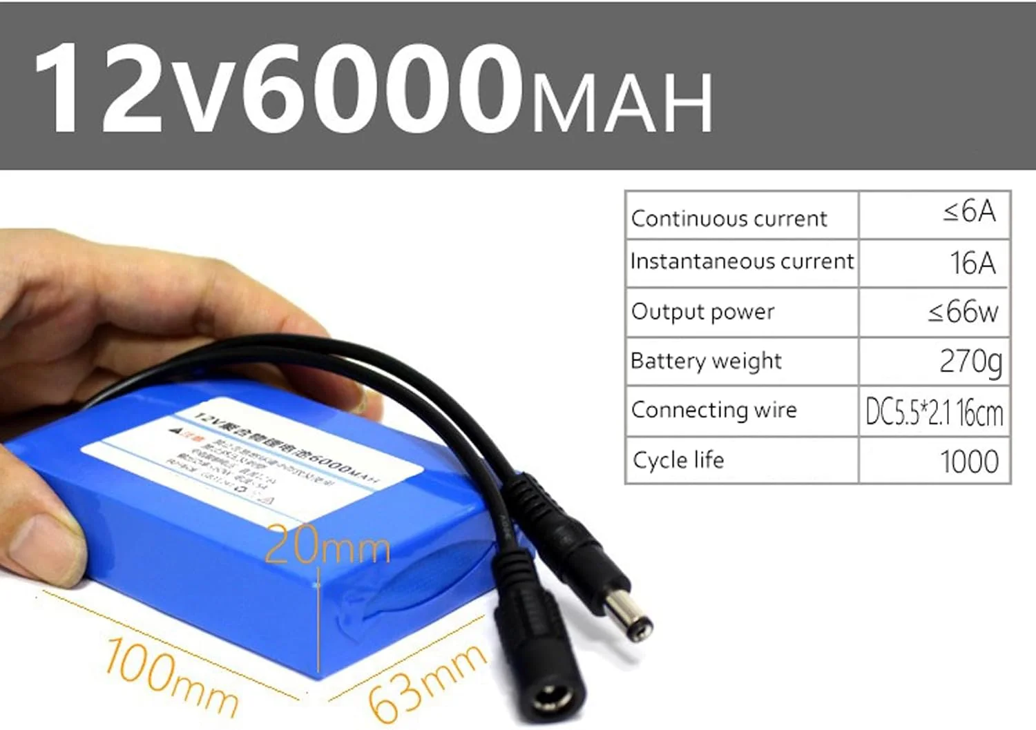بسته باتری لیتیومی قابل شارژ 12 ولت 6000 میلی آمپر ساعت با ظرفیت بالا، مناسب برای چراغ های LED 12 ولت و شارژ در فضای باز