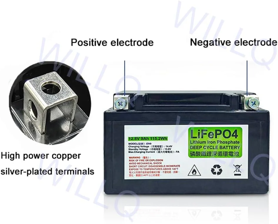 باطری استارت موتور سیکلت 12 ولت 5 آمپر ساعت 7 آمپر ساعت 9 آمپر ساعت لیتیومی LiFePO4 سازگار با اسکوتر، ماشین برفی، جت اسکی و غیره، En9