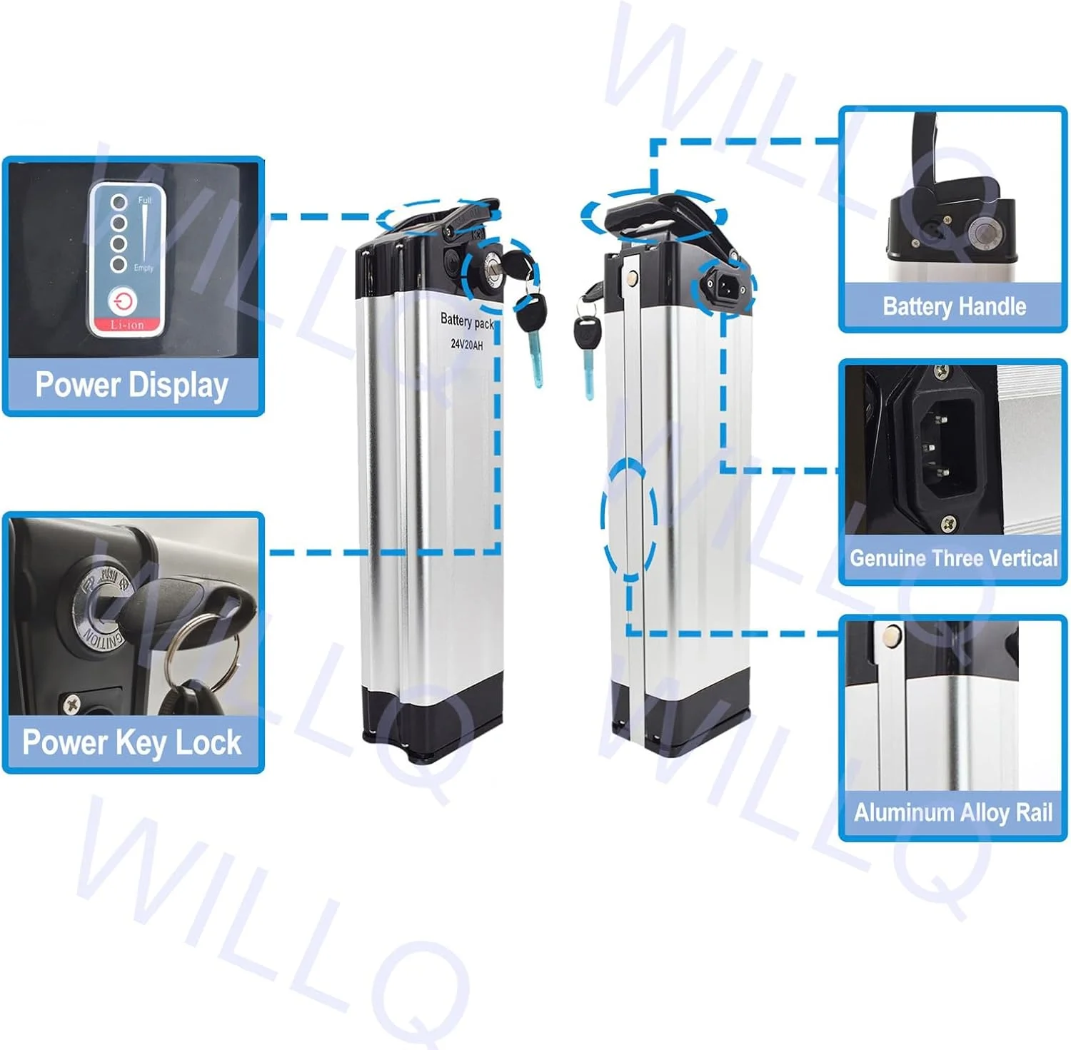 بسته باتری لیتیومی 24 ولت 20 آمپر ساعت 25 آمپر ساعت برای دوچرخه برقی مناسب موتورهای 100، 250، 350، 500 و 600 وات اسکوتر تاشو با پورت تخلیه رو به بالا، 24v25ah