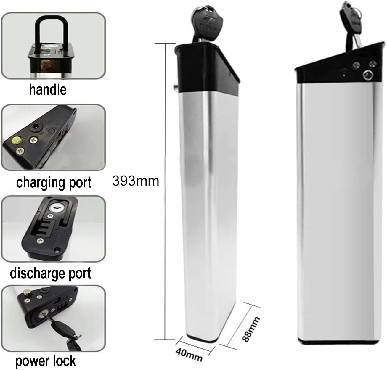 باطری لیتیومی داخلی 36 ولت 7.8 آمپر ساعت 10.4 آمپر ساعت 48 ولت 7.8 آمپر ساعت اسکوتر تاشو برای موتور دوچرخه تاشو 100 وات 200 وات 300 وات 400 وات با پورت 3 پین، 393mm48v7.8ah
