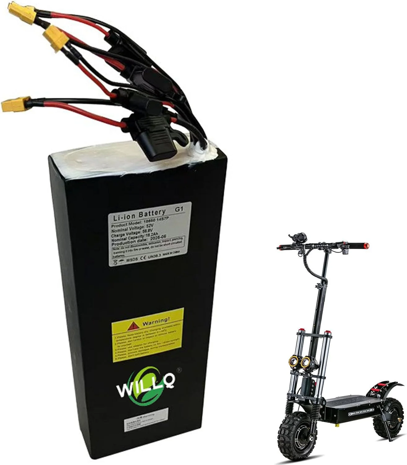 بسته باتری لیتیومی قابل شارژ 52 ولت 18.2 آمپر ساعتی اسکوتر برقی 14S7P با BMS و دوشاخه XT60+XT30 برای کیت موتور اسکوتر تاشو 0-1000 وات