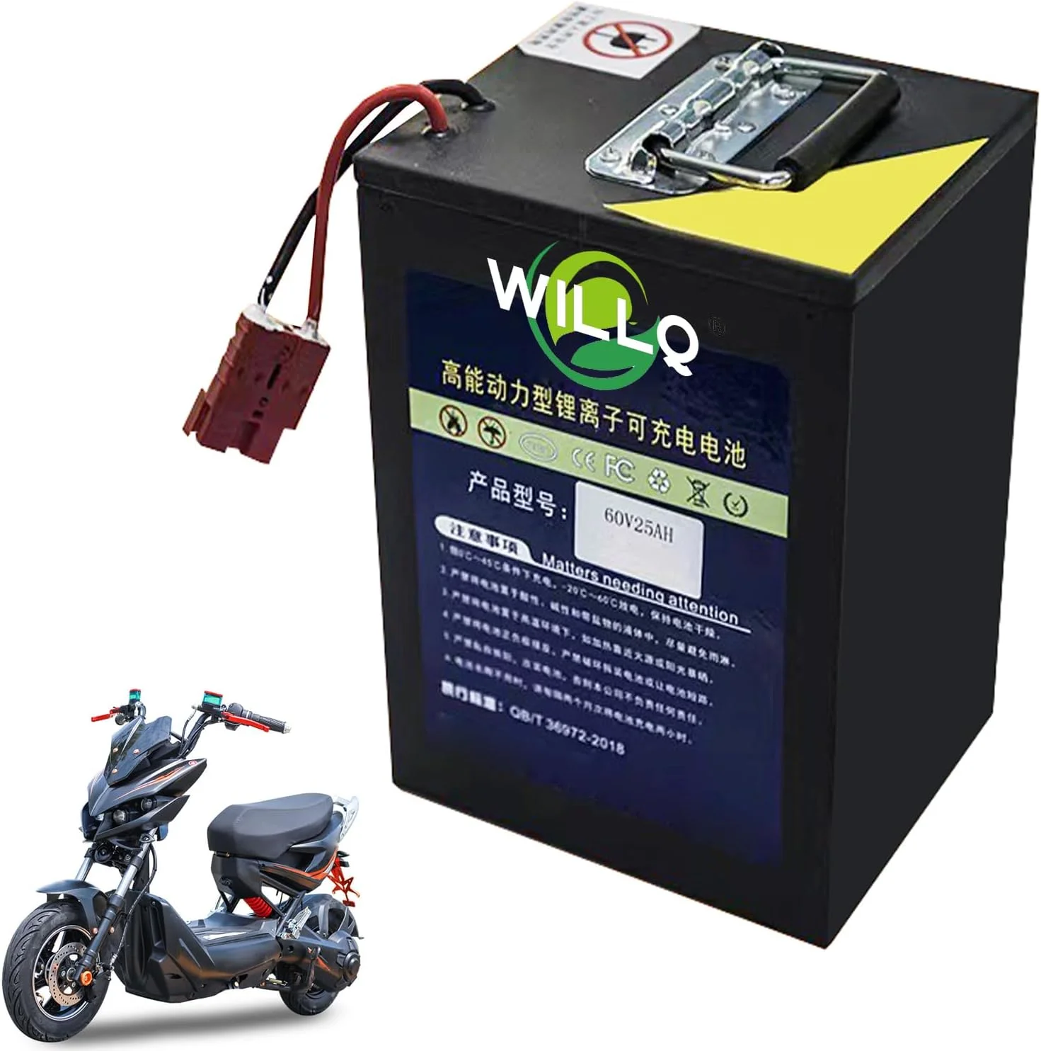 باتری لیتیومی LiFePO4 با ولتاژ 60 ولت و ظرفیت 25، 30، 40 و 50 آمپر ساعت برای اسکوترهای برقی، موتورسیکلت ها و سه چرخه ها، مناسب برای موتورهای 0 تا 3000 وات به همراه سیستم محافظت BMS و کانکتور اندرسون