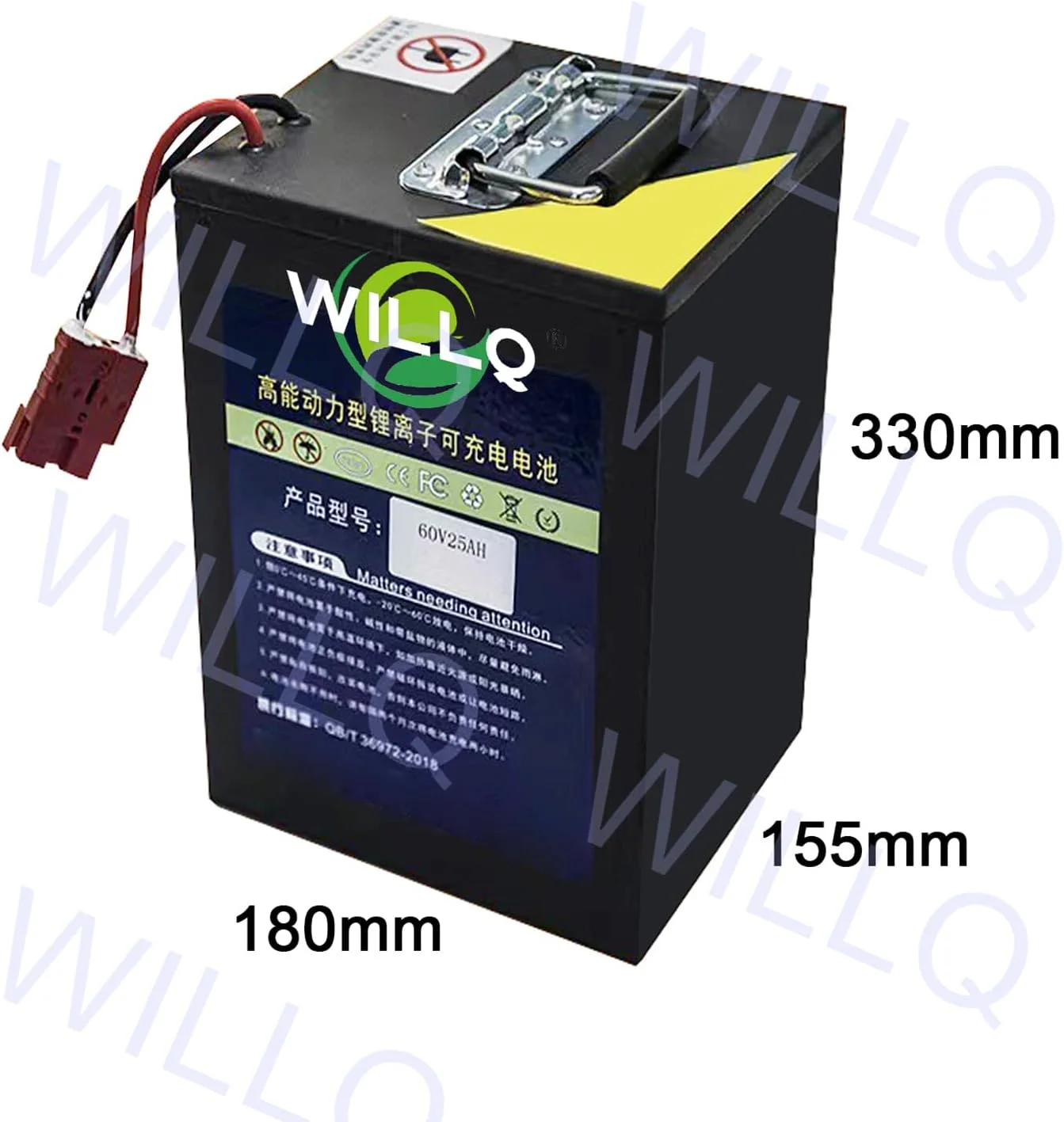 باتری لیتیومی LiFePO4 با ولتاژ 60 ولت و ظرفیت 25، 30، 40 و 50 آمپر ساعت برای اسکوترهای برقی، موتورسیکلت ها و سه چرخه ها، مناسب برای موتورهای 0 تا 3000 وات به همراه سیستم محافظت BMS و کانکتور اندرسون