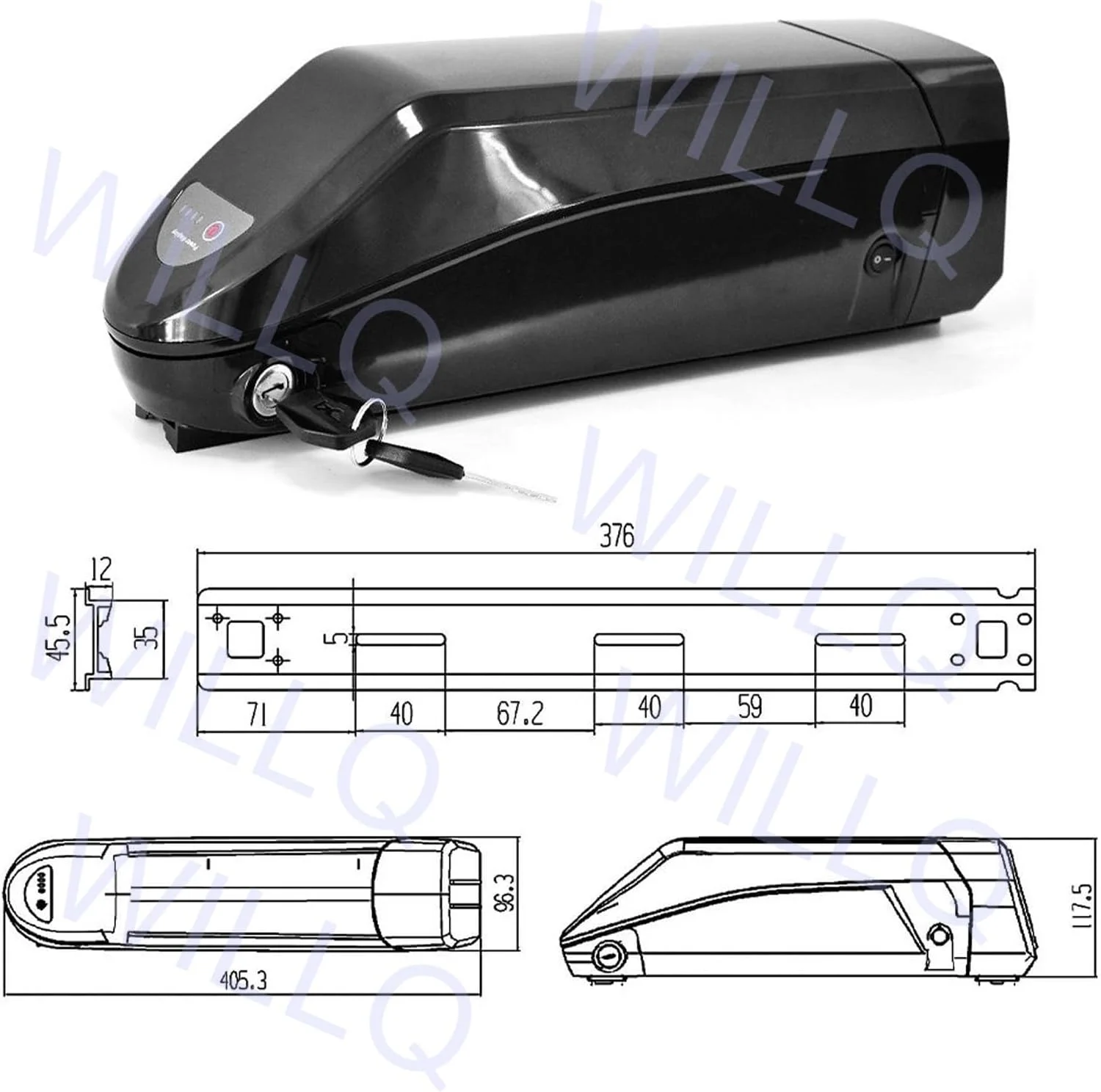باتری لیتیوم-یونی دوچرخه برقی دان‌تیوب 48 ولت 15 آمپر ساعت، 16 آمپر ساعت، 17.5 آمپر ساعت، 20 آمپر ساعت، 36 ولت 10.4 آمپر ساعت، 17.5 آمپر ساعت، 20 آمپر ساعت، 25 آمپر ساعت به همراه شارژر و پایه برای موتور 0-1000 وات، 36 ولت 20 آمپر ساعت