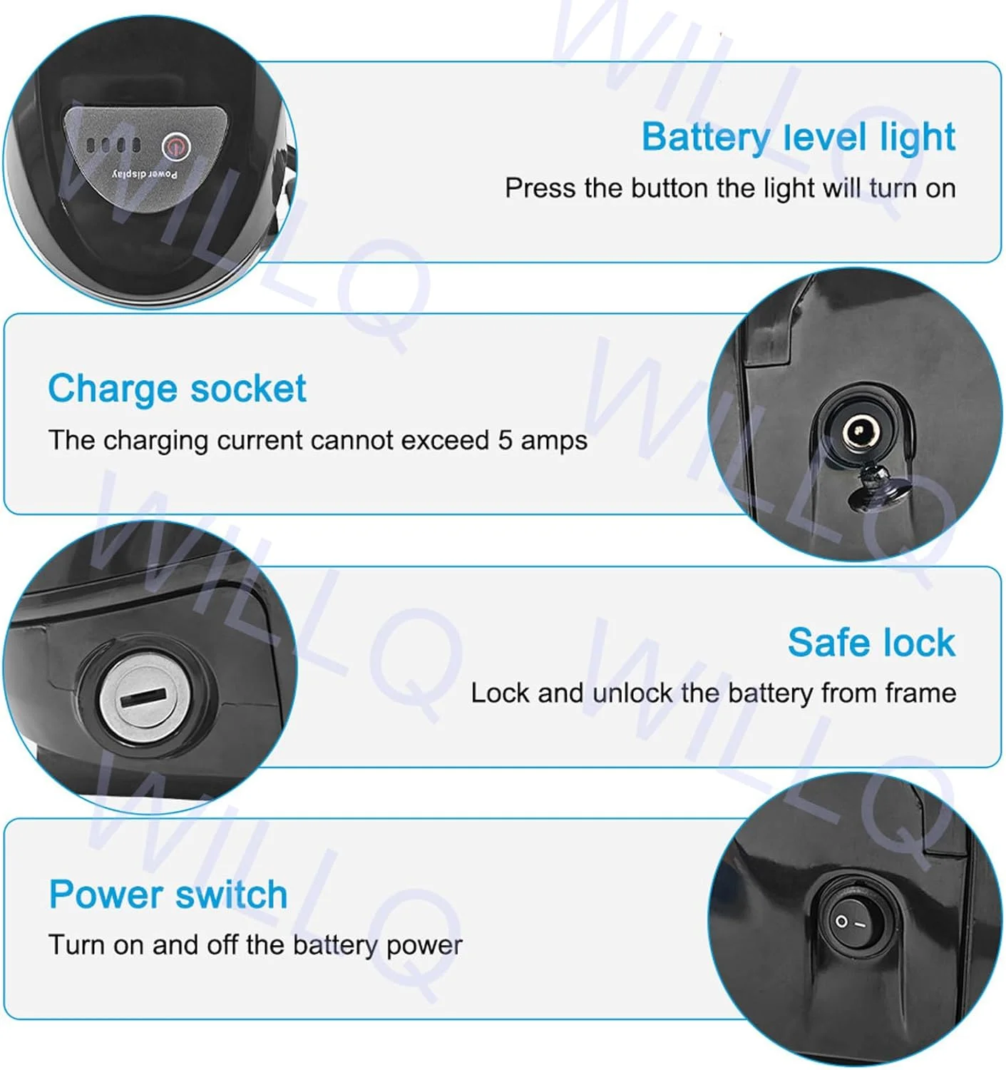باتری لیتیوم-یونی دوچرخه برقی دان‌تیوب 48 ولت 15 آمپر ساعت، 16 آمپر ساعت، 17.5 آمپر ساعت، 20 آمپر ساعت، 36 ولت 10.4 آمپر ساعت، 17.5 آمپر ساعت، 20 آمپر ساعت، 25 آمپر ساعت به همراه شارژر و پایه برای موتور 0-1000 وات، 36 ولت 20 آمپر ساعت