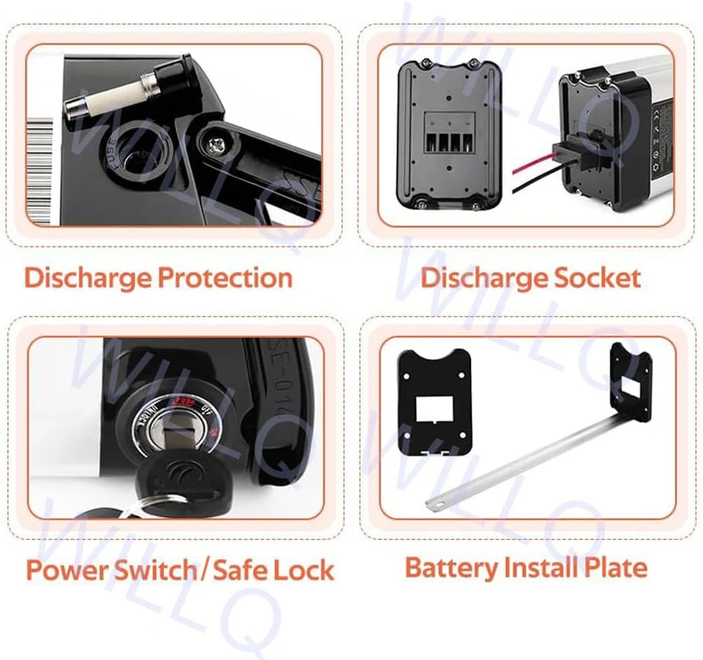 باطری ۴۸ ولت برای دوچرخه برقی، ۴۸ ولت ۱۰ آمپر ساعت، ۱۲ آمپر ساعت، ۱۵ آمپر ساعت، ۲۰ آمپر ساعت، بسته باتری لیتیوم یون با درگاه تخلیه ۲ پین برای کیت موتور اسکوتر تاشو ۲۵۰ وات - ۱۰۰۰ وات، ۴۸v20ah