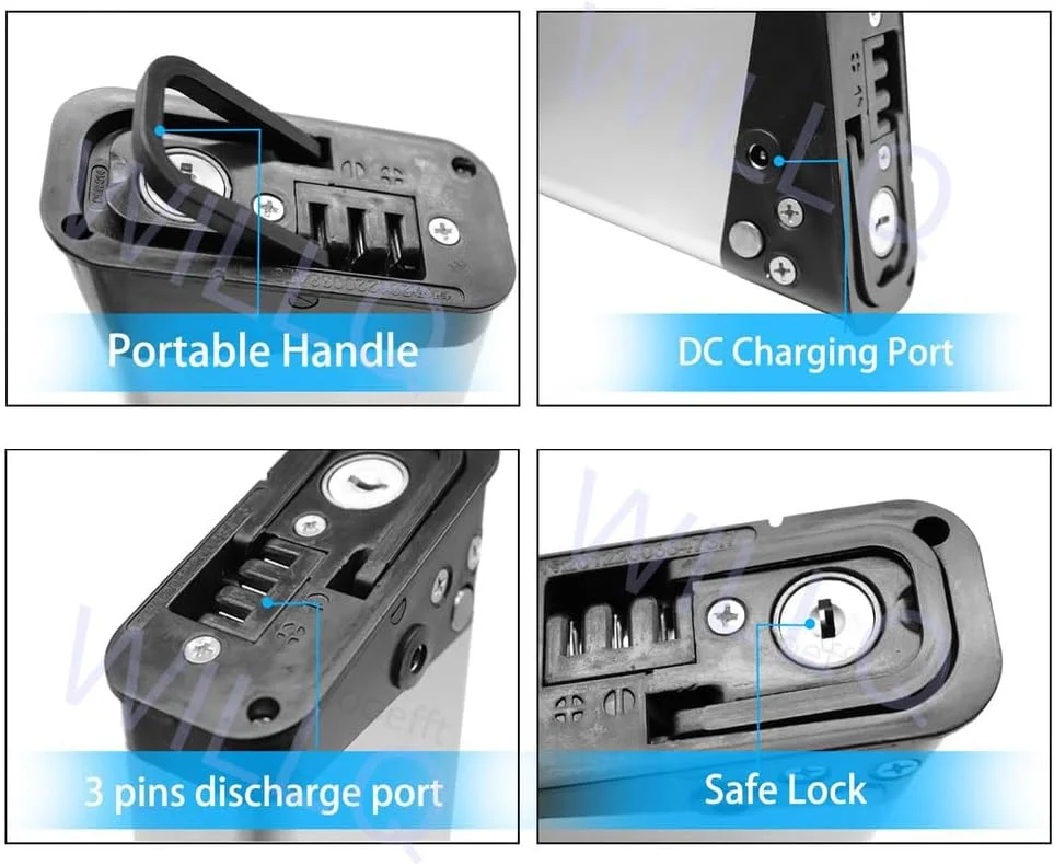 باتری لیتیومی داخلی دوچرخه برقی 36 ولت با ظرفیت 7.8 آمپر ساعت، 9 آمپر ساعت، 10.4 آمپر ساعت، 10.5 آمپر ساعت، 12 آمپر ساعت برای موتور تاشو 100 وات، 200 وات، 300 وات، 400 وات با پورت 3 پین