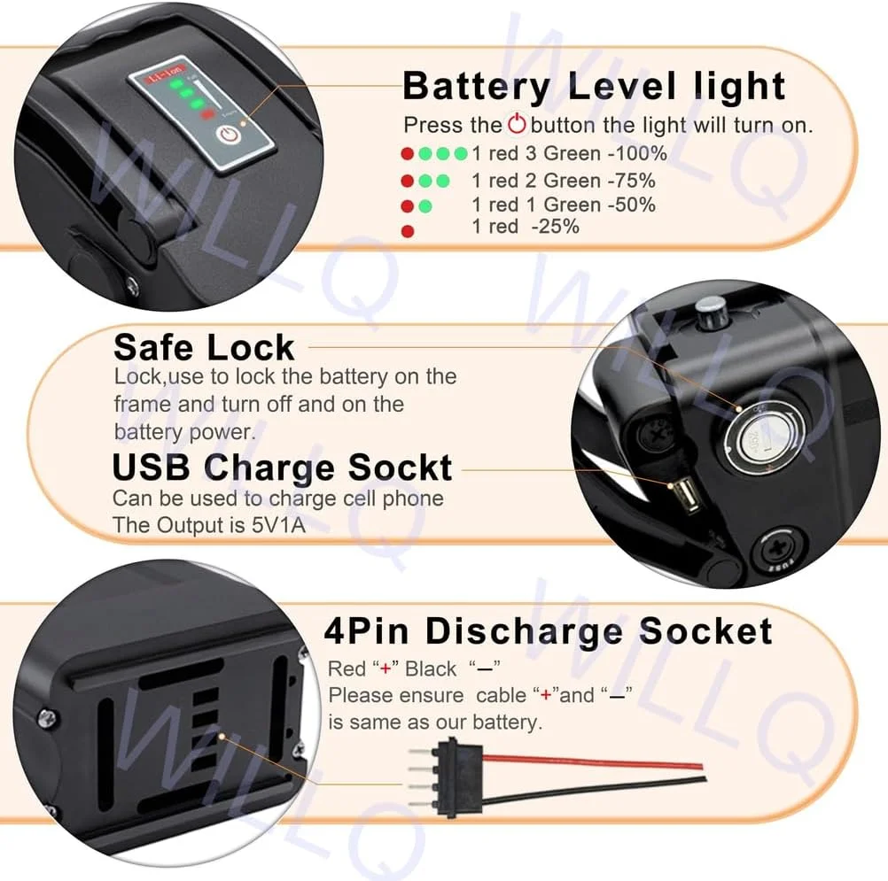 باطری لیتیومی 36 ولت برای دوچرخه برقی 10Ah 13Ah 15Ah 20Ah با قفل ایمن و چراغ نشانگر LED برای کنترلر موتور 0-750 وات, 36v15ah