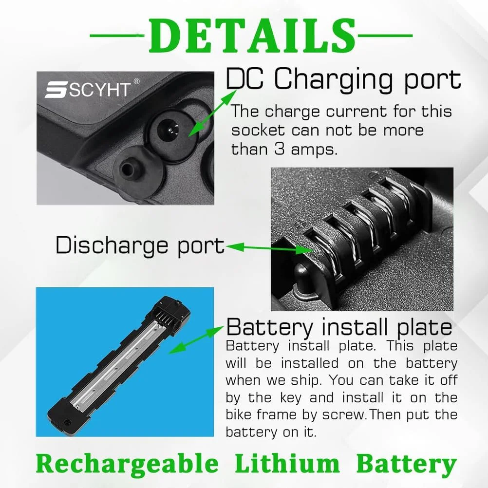 باتری لیتیومی 48 ولت 10.4 آمپر ساعت، 13 آمپر ساعت، 15 آمپر ساعت، باتری قابل شارژ 36 ولت، باتری های لیتیوم یونی 48 ولت با شارژر و پورت 5 پین برای کیت موتور 250 وات - 750 وات