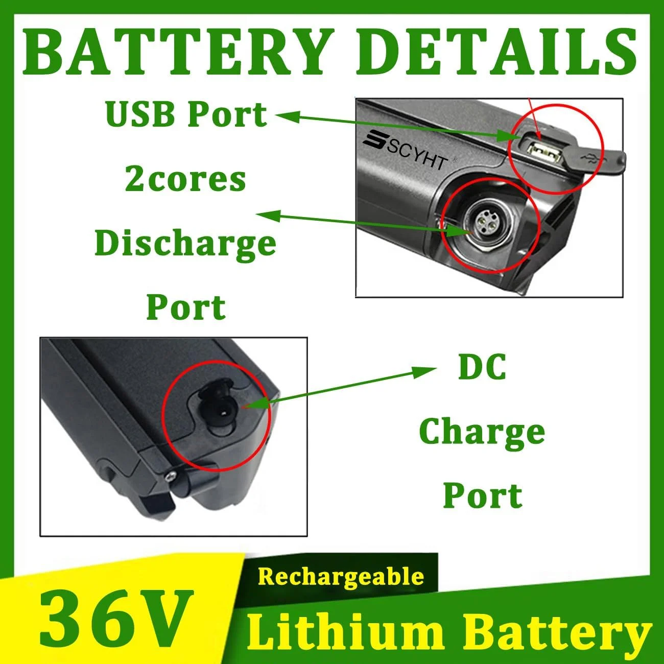 باتری لیتیومی 36 ولت 10 آمپر ساعت، 11.6 آمپر ساعت، 12.8 آمپر ساعت، 7.5 آمپر ساعت، 14 آمپر ساعت، باتری های لیتیوم یونی 36 ولت برای موتورهای 250 وات - 550 وات به همراه شارژر و پورت 2 هسته