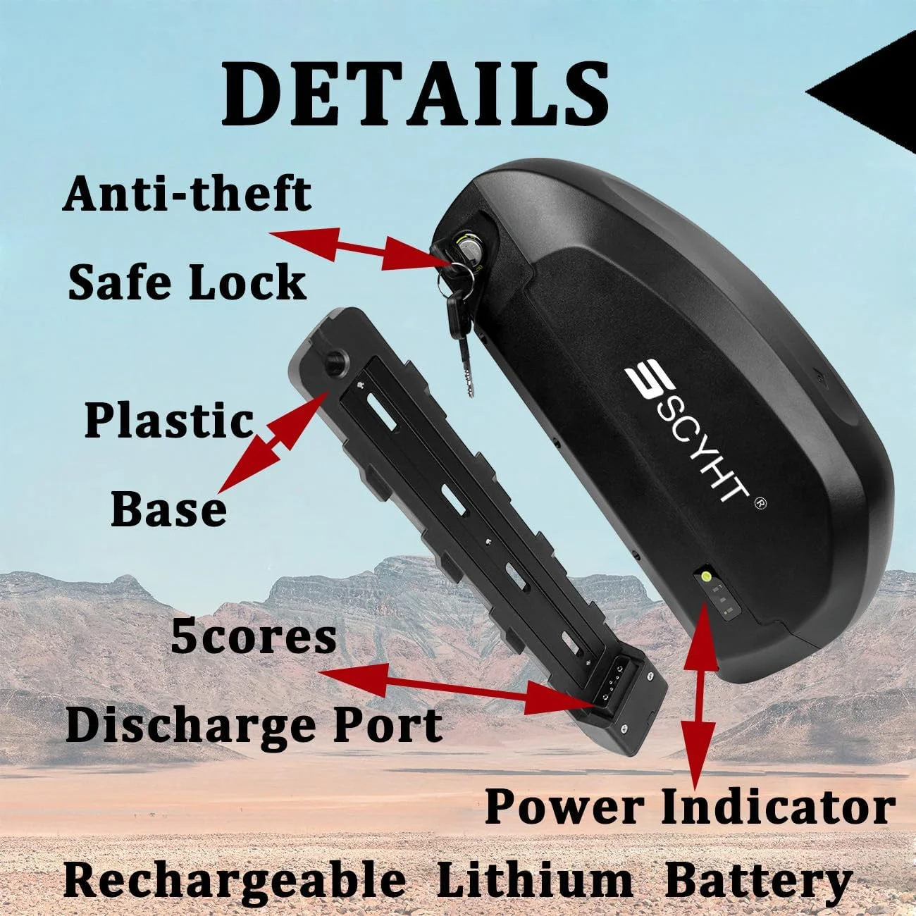 باطری لیتیومی 48 ولت 20 آمپر ساعت 24.5 آمپر ساعت 18.2 آمپر ساعت باطری قابل جابجایی 36 ولت باطری های لوله پایین 48 ولت لیتیوم یون با شارژر و پورت 5 هسته ای برای موتورهای 250 وات - 1200 وات، 48v20ah xt60
